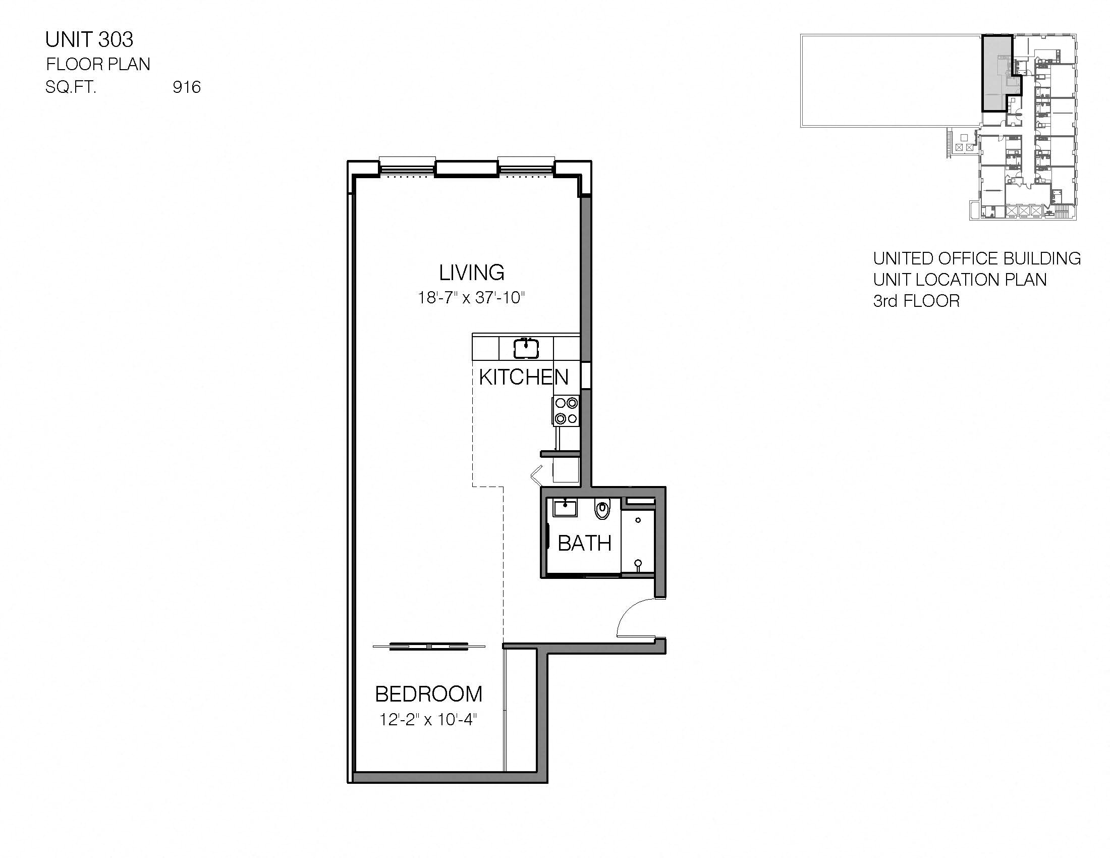 Floor plan for 1 bed, 1 bath, 916 sqft